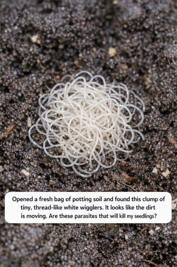 Opened a fresh bag of potting soil and found this clump of tiny, thread-like white wigglers. It looks like the dirt is moving. Are these parasites that will kill my seedlings?