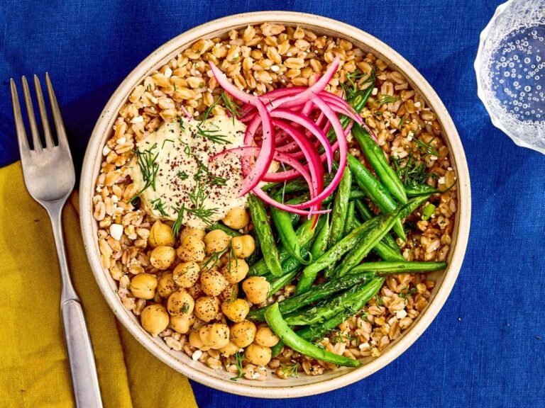 This bright, lemony dinner layers grains, chickpeas, charred green beans, and whipped cottage cheese for a balanced, flavorful meal.