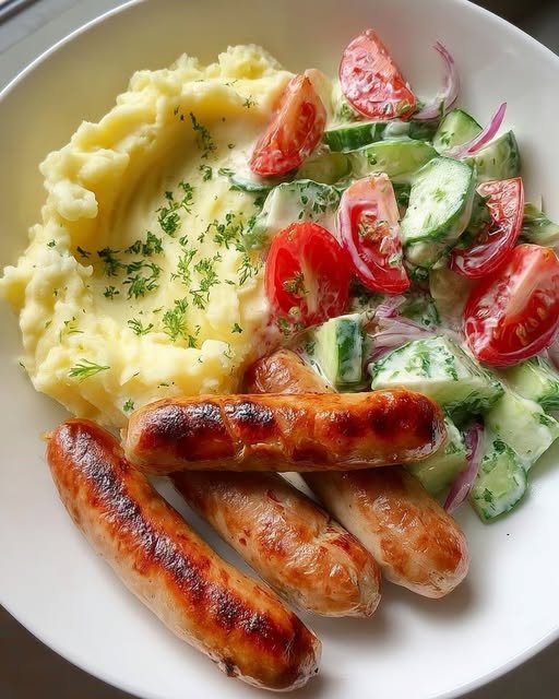 Grilled Sausages with Creamy Mash & Fresh Garden Salad 