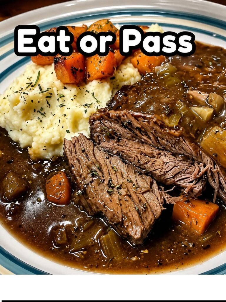 Slow-Cooked Pot Roast with Gravy Over Creamy Mashed Potatoes