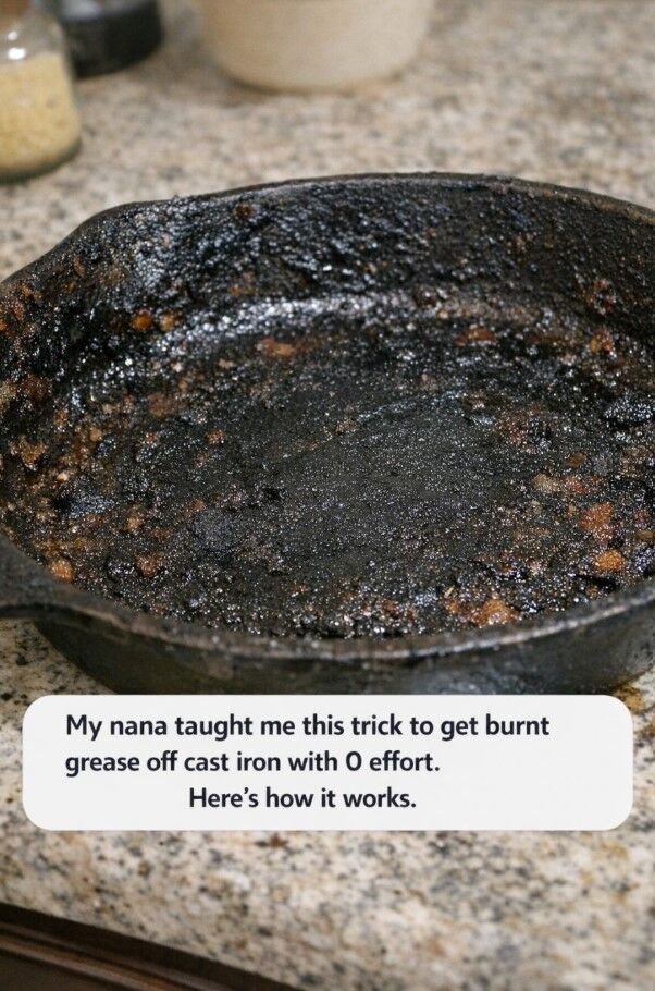 My nana taught me this trick to get burnt grease off cast iron with 0 effort. Here’s how it works