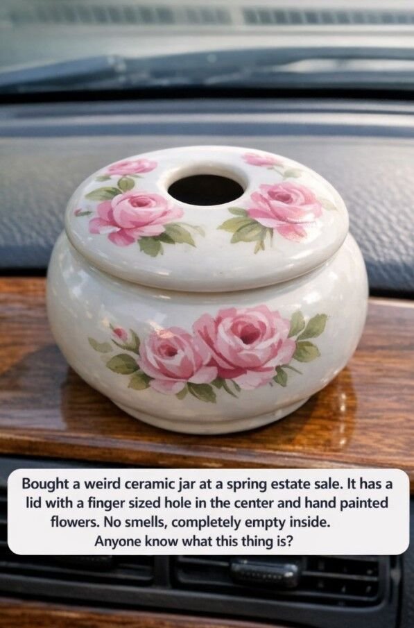 Bought a weird ceramic jar at a spring estate sale. It has a lid with a finger sized hole in the center and hand painted flowers. No smells, completely empty inside. Anyone know what this thing is?
