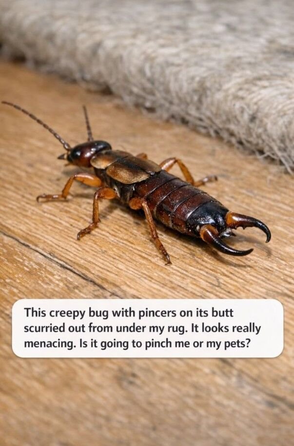 This creepy bug with pincers on its butt scurried out from under my rug. It looks really menacing. Is it going to pinch me or my pets?