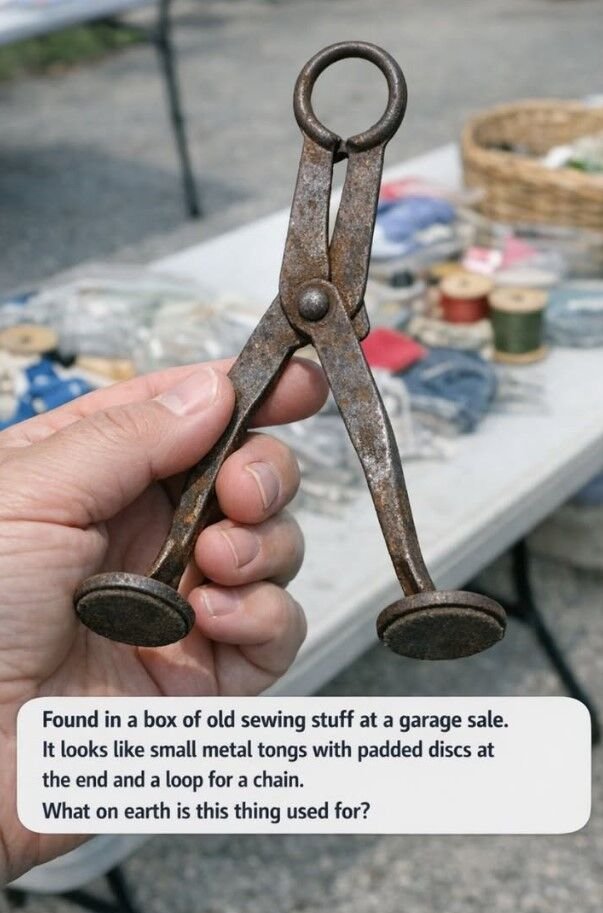 Found in a box of old sewing stuff at a garage sale. It looks like small metal tongs with padded discs at the end and a loop for a chain. What on earth is this thing used for?