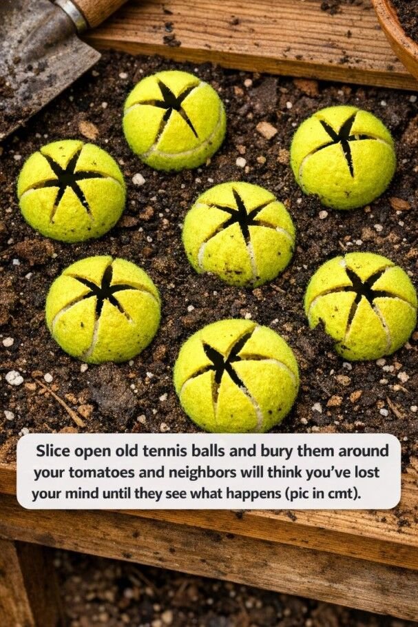 Slice open old tennis balls and bury them around your tomatoes and neighbors will think you’ve lost your mind until they see what happens