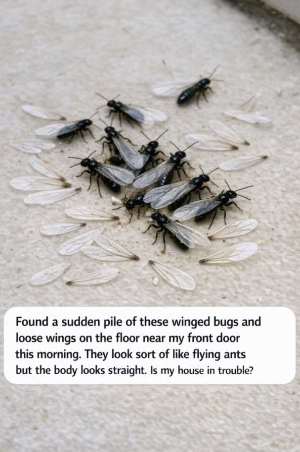 Found a sudden pile of these winged bugs and loose wings on the floor near my front door this morning. They look sort of like flying ants but the body looks straight. Is my house in trouble?