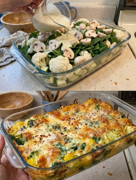 Keto Layered Baked Vegetable Delight is cheesy