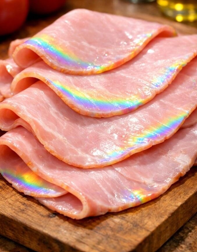 Pulled deli ham from the fridge and noticed a rainbow-like shine on the slices. Is that normal?
