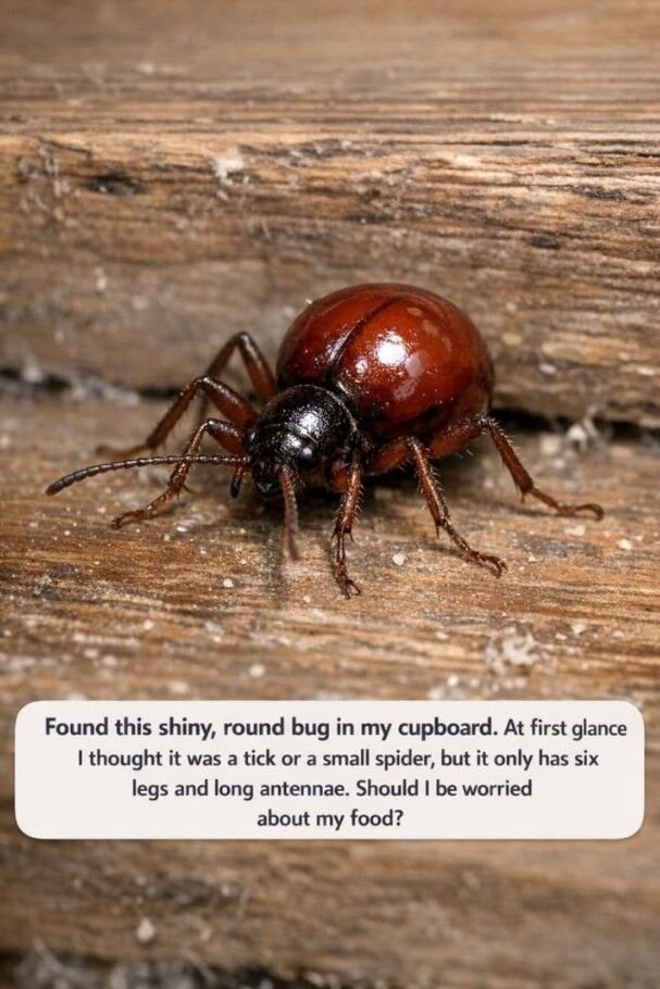 Found this shiny, round bug in my cupboard. At first glance I thought it was a tick or a small spider, but it only has six legs and long antennae. Should I be worried about my food?