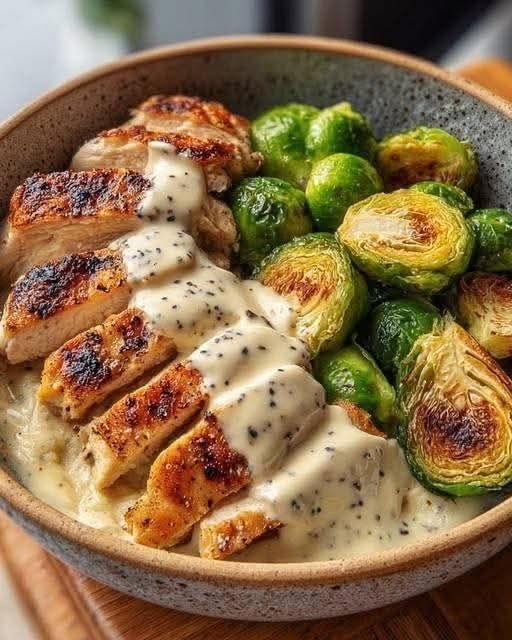 Black Pepper Cream Chicken with Roasted Sprouts and Buttery Mash