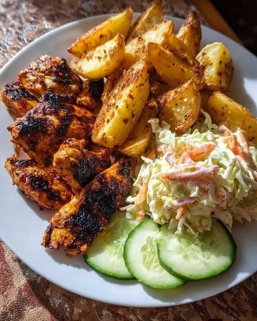  Spicy Grilled Chicken with Crispy Potato Wedges & Creamy Slaw