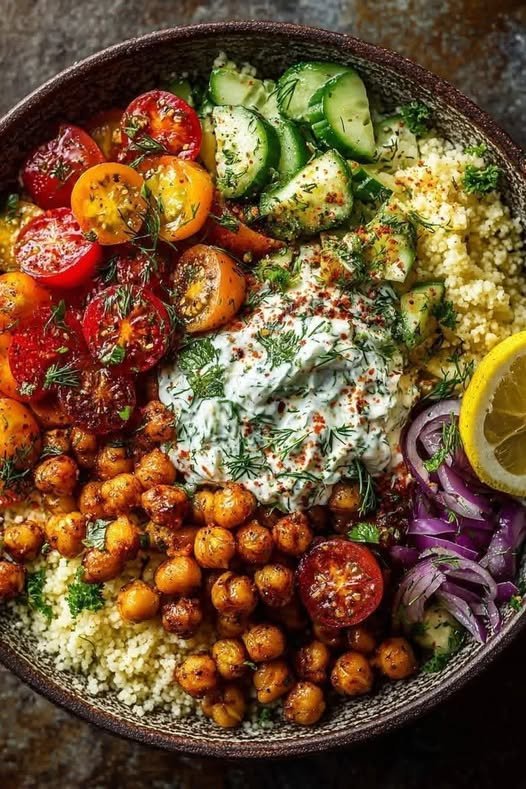 Couscous Salad with Roasted Chickpeas & Herbed Yogurt