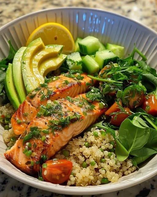  Lemon Herb Salmon and Avocado Quinoa Bowl