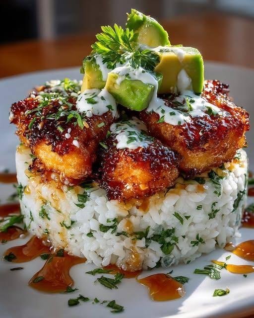 Crispy Honey-Glazed Chicken Rice Stack with Avocado