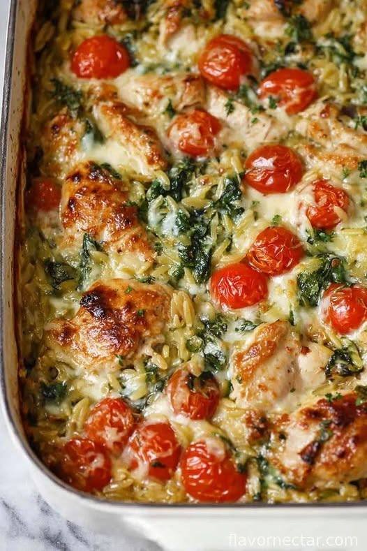 Chicken Orzo Bake with Spinach & Tomatoes