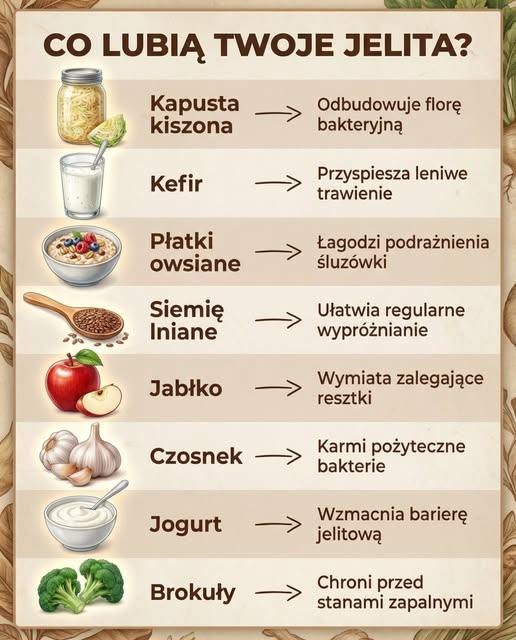 Co byście jeszcze dodali do tej listy❓ Przygotowałem dla Was ściągę TOP 8 produktów, które Twoje jelita pokochają od pierwszego kęsa 👇