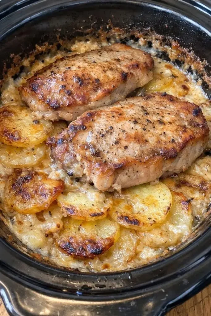 Slow Cooker 4-Ingredient Pork Chops and Scalloped Potatoes