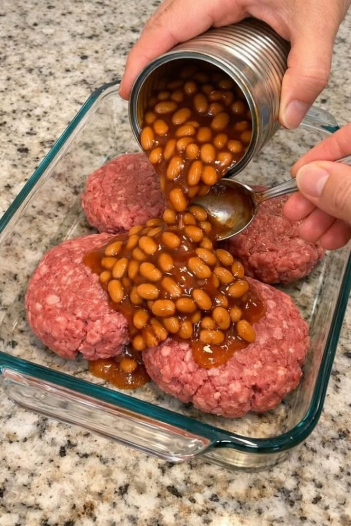 Sweet Baked Beans and Ground Beef Patties Casserole