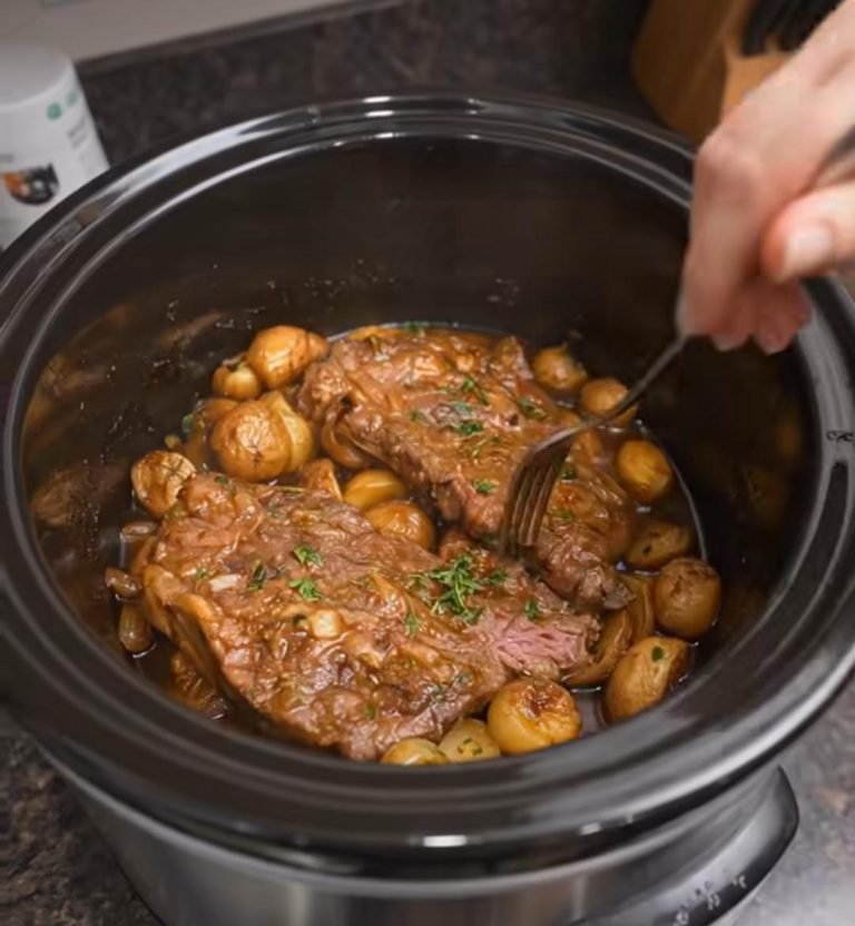 Slow Cooker Steak with Onion Gravy and Baby Potatoes